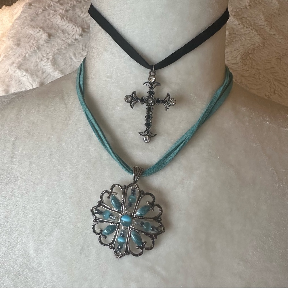 Vintage Suede Chain Necklaces Black Cross Pendants & Turquoise Flower